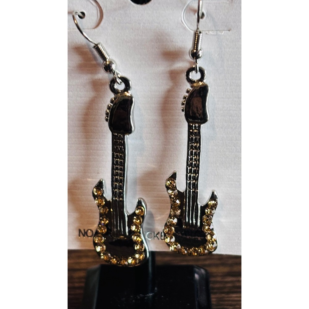 Beauty Collection Silver Tone Yellow Rhinestone Electric Guitar Drop Earrings